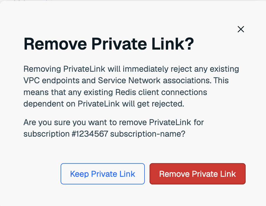 The Remove Private Link confirmation pop-up.