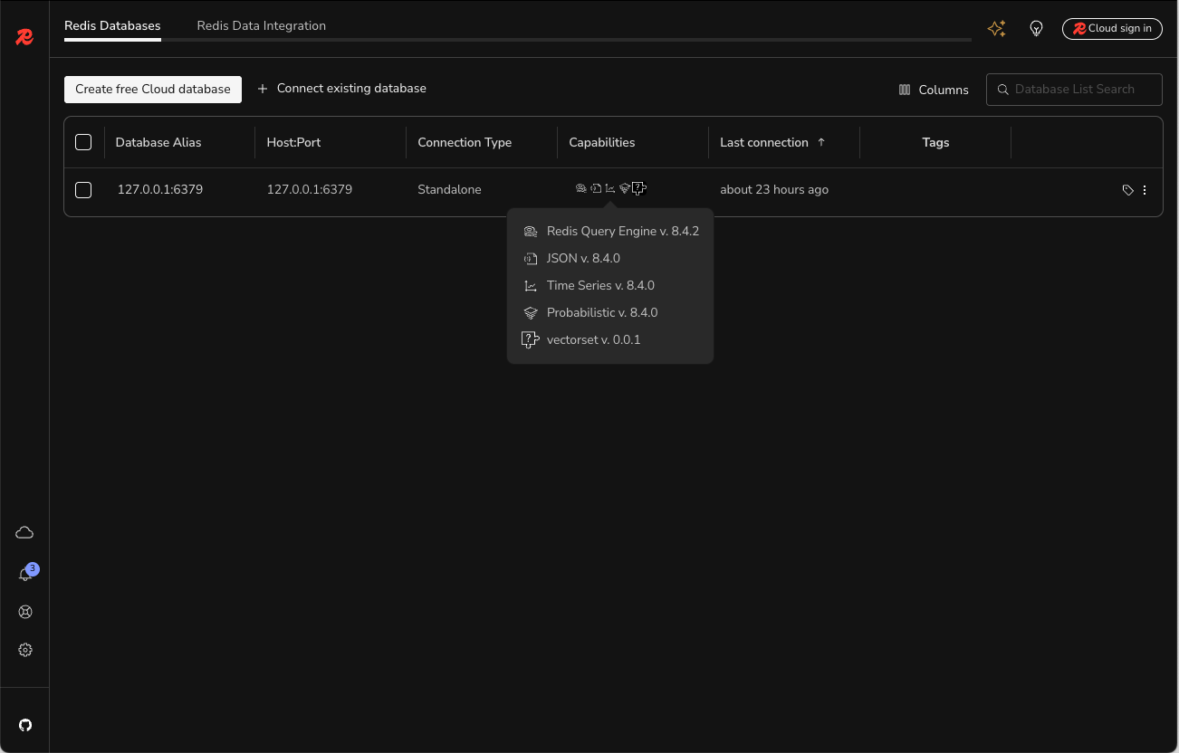 The databases screen
