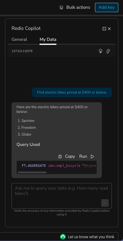 An example of using Redis Copilot to search data