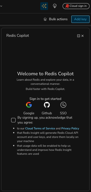 The Redis Copilot sign in screen