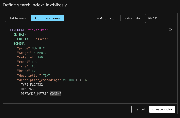 The generated FT.CREATE command in command view