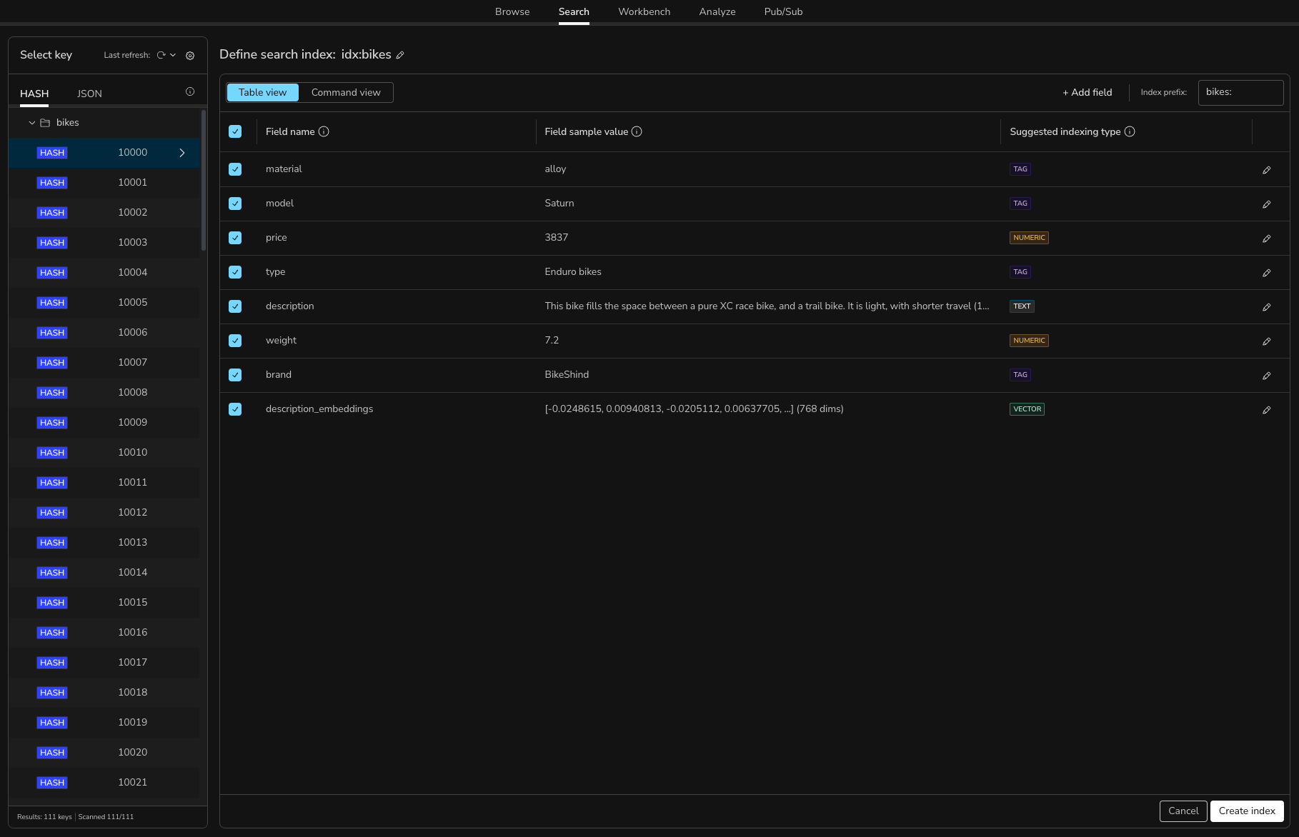 Creating an index from existing data with automatic field detection
