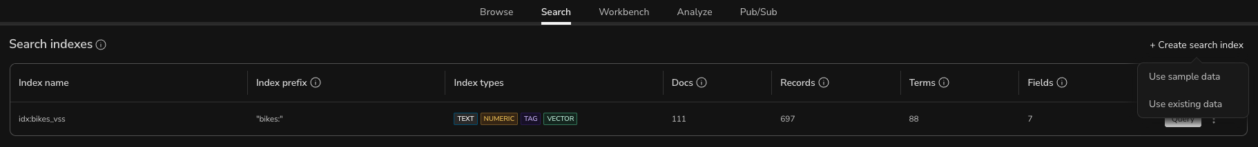 The Create search index menu