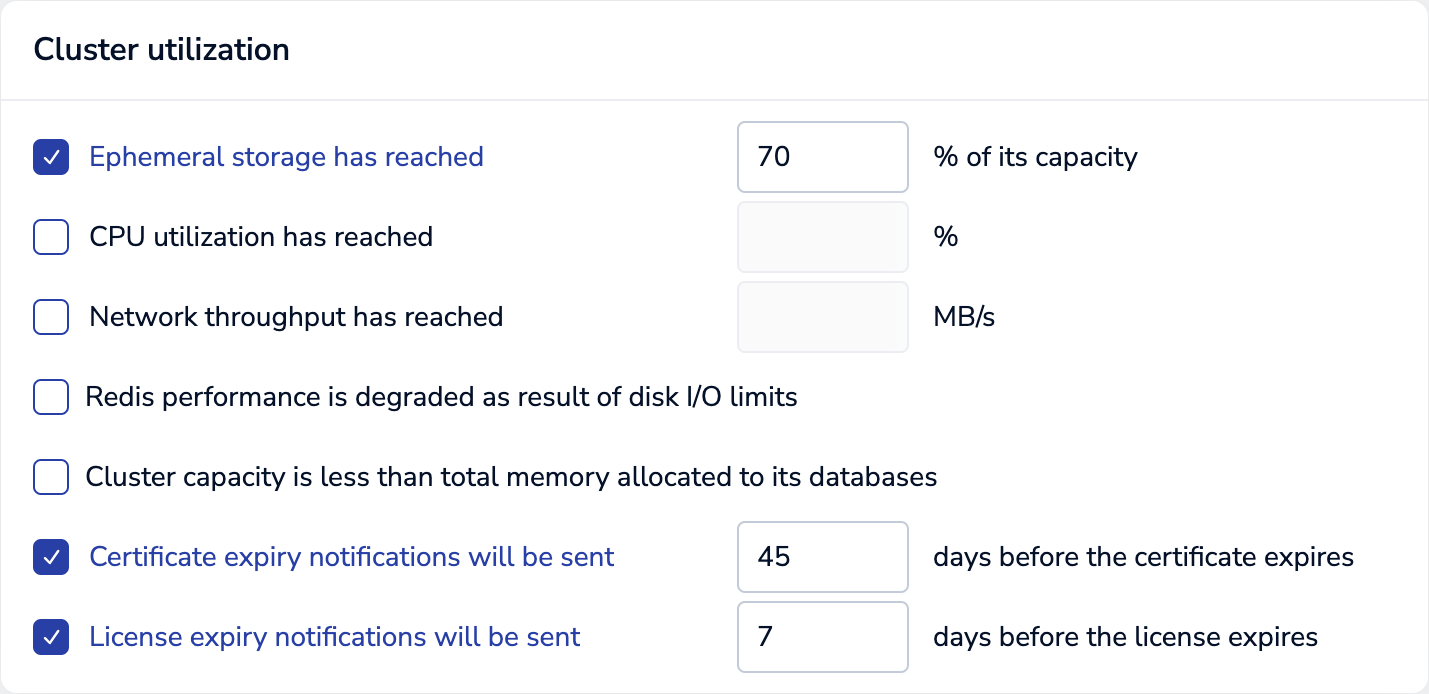 Cluster utilization alert settings.
