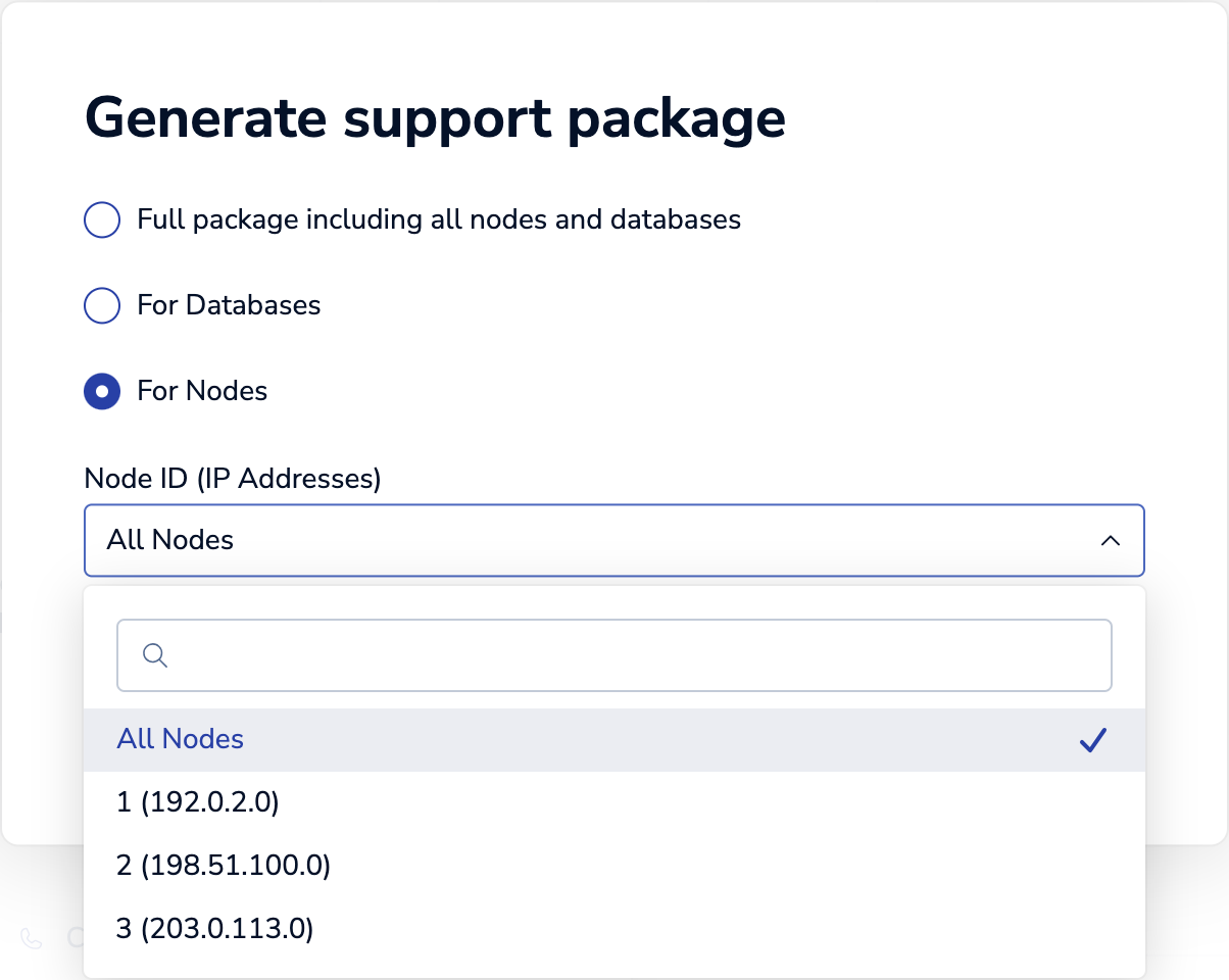 The list of nodes you can include in the support package.